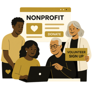 Home 20 Diverse group of people building a nonprofit website together with donation tools and community-focused design elements.