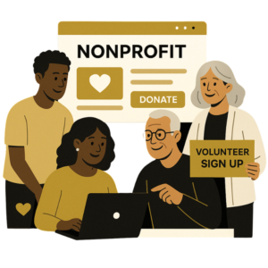 Home 54 Diverse group of people building a nonprofit website together with donation tools and community-focused design elements.